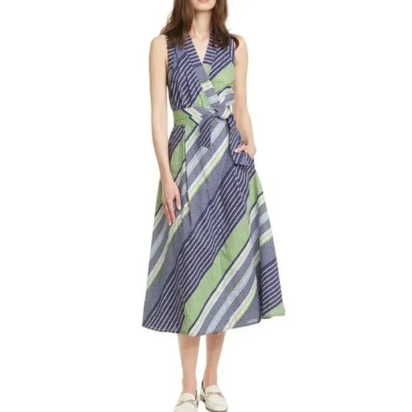 Tory Burch Overprinted Wrap Sleeveless Midi Dress Blue Green 6 - Picture 1 of 8